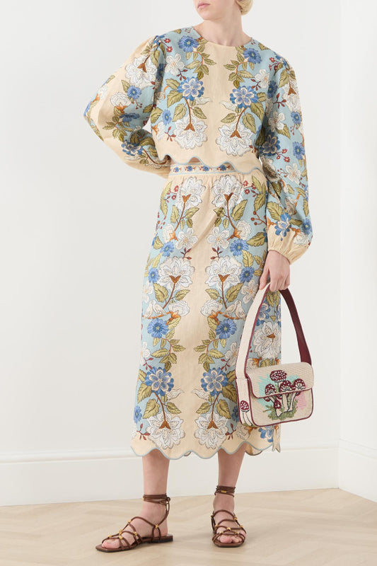 Women's Vintage Floral Print Linen Midi Dress - Puff Sleeve Cutout Waist Scalloped Hem Boho Dress for Summer Garden Party