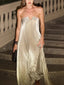 Luxury Gold Lamé Plisse Strapless Notched Neck Flowy Overskirt Wedding Guest Dress