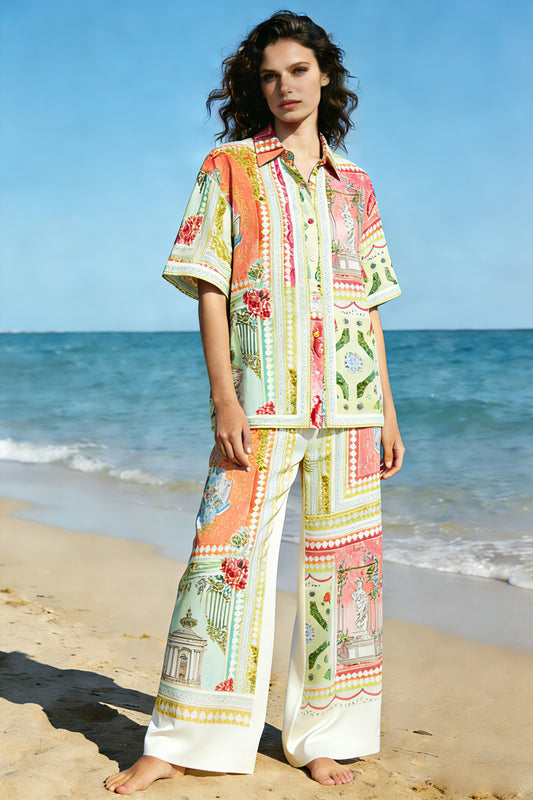 Women's Boho Patchwork Print 2-Piece Co-Ord Set - Short Sleeve Shirt & Wide Leg Pants for Summer Beach Vacation