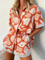 Terracotta White Seashell Print Striped Cuff Shirt Short Two Piece Matching Co-ord Set