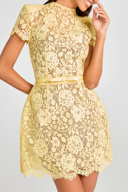 Sexy See-Through Lace Yellow Round Neck Miniskirt Dress