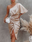 Elegant One Shoulder Draped Satin Slim Fit High Side Slit Evening Mid Dress