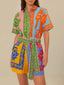Colorful Patchwork Tropical Parrot Floral Print Belted Shirt Romper