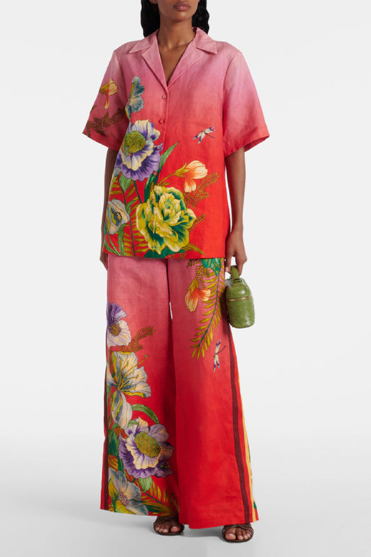 Women's Red Ombre Floral Print Linen 2-Piece Co-Ord Set - Short Sleeve Shirt & Wide Leg Pants for Summer Resort Wear
