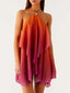 Halter Strap Gradient Color Double Layer Flowy Mini Cocktail Dress