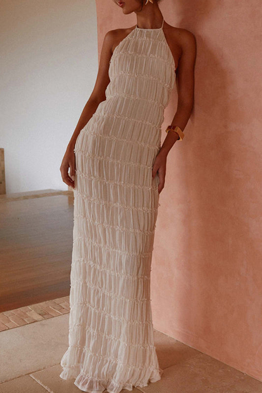 Women's Ivory Textured Halter Neck Maxi Dress - Sleeveless Ruffled Gown for Bridal Shower & Beach Wedding