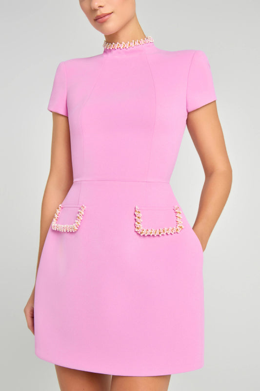 Slim-fit round neck beaded mini dress