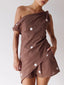 Brown White Polka Dot One Shoulder Linen Two Piece Short Set