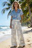 Women's Geometric Print 2-Piece Co-Ord Set - Blue Short Sleeve Shirt & White Wide Leg Pants for Summer Beach Vacation