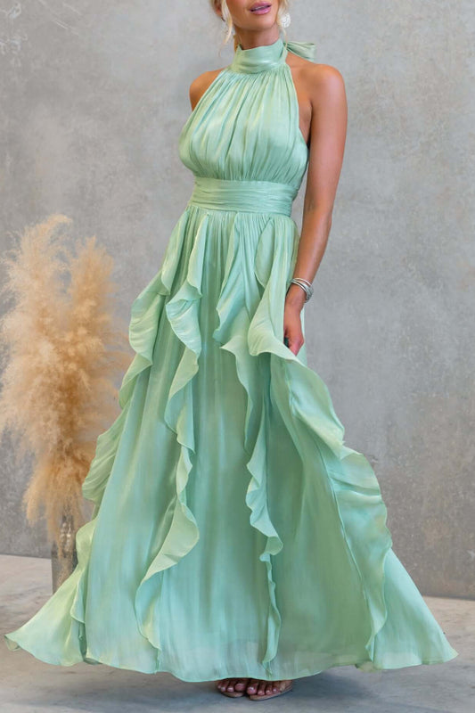 Women's Mint Green Halter Neck Satin Maxi Dress - Ruffle Trim Tie Back Waist Flowy Gown for Bridesmaid & Beach Wedding