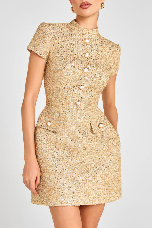 Women's Gold Sequin Tweed Mini Dress - Pearl Button Decor High Neck Short Sleeve Bodycon Gown for Cocktail Party
