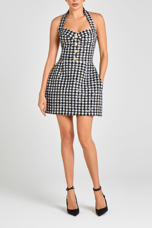 Women's Black White Check Tweed Halter Mini Dress - Gold Button Sweetheart Neck Bodycon Party Dress