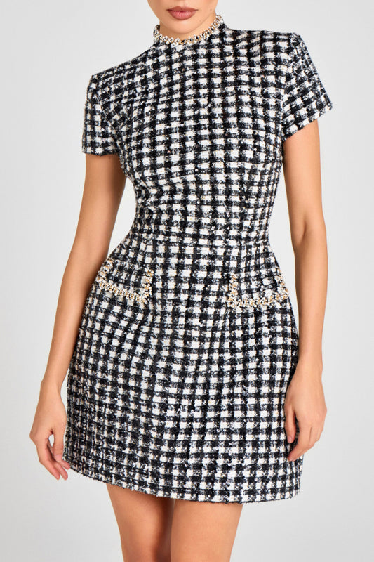 Women's Black White Houndstooth Tweed Mini Dress - Pearl Beaded High Neck Short Sleeve Bodycon Dress for Office Party