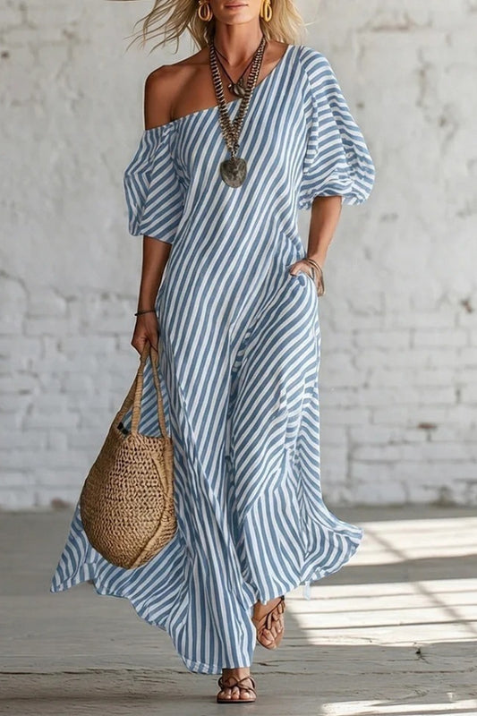 Women's Stripe One Shoulder Maxi Dress - Puff Sleeve Flowy Casual Beach Vacation Boho Sundress