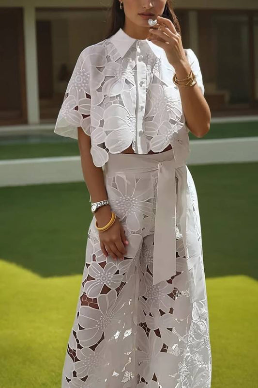 Casual Lace Blouse Wide Leg Pants Suit