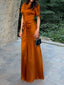 Women's Burnt Orange Satin Maxi Dress - Ruffle Sleeve Ruched Waist Formal Gown for Wedding Guest & Evening Events