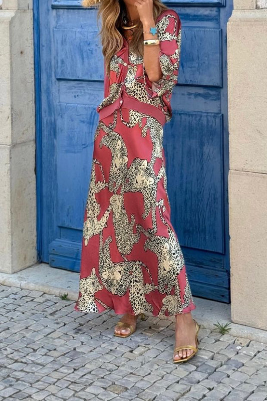 Satin Tiger Print Batwing Sleeve Long Button Loose Shirt and Skirt Set