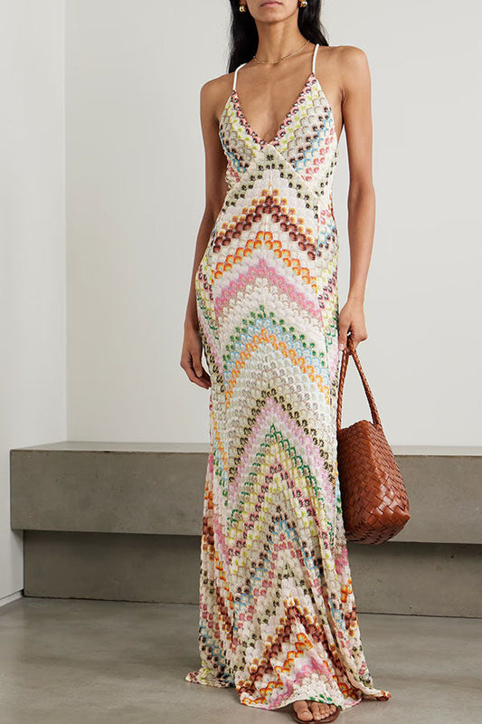 Women's Multicolor Chevron Knit Maxi Dress - V-Neck Spaghetti Strap Bodycon Slip Dress for Summer Vacation