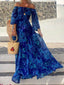 Royal Blue Floral Off Shoulder Puff Sleeve Chiffon Maxi Dress