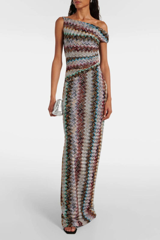 Women's Multicolor Chevron Knit One Shoulder Maxi Dress - Sleeveless Bodycon Formal Gown for Evening Events
