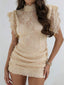 Romantic Fringe Edge Lace Flutter Short Sleeve High Neck Draped Ruched Bodycon Party Dress