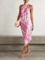 Pink Swirl Marble Print Halter Neck Satin Midi Dress Asymmetrical Hem Cocktail Dress