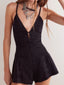 Black Washed Denim Deep V Spaghetti Strap Romper