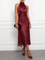 Halter Neck Ruched Satin Waist Circular Cutout Mesh Midi Dress