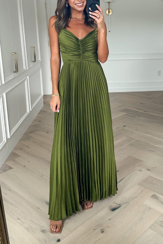 V-neck elegant suspender backless long pleated dress