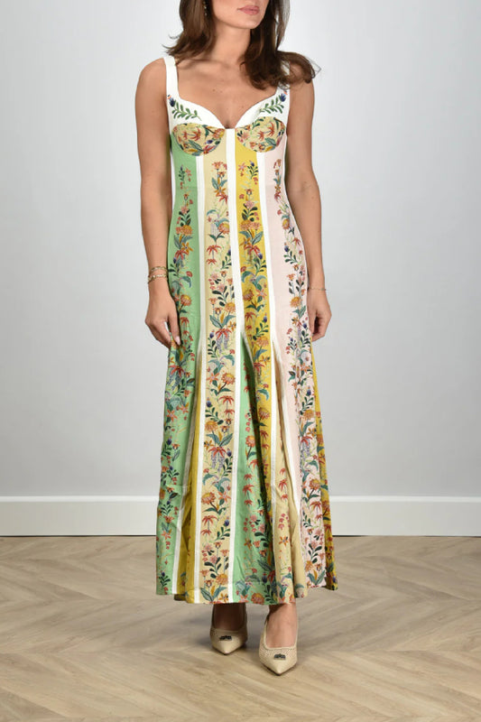 Sweet Garden Linen Blend Color Block Floral Paneled Maxi Dress