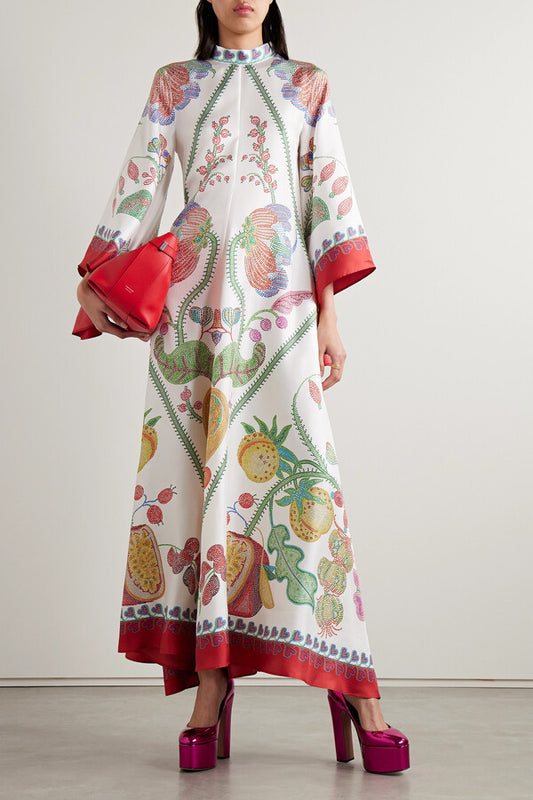 Stand Collar Print Patchwork Maxi Dress