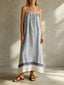 Blue White Striped Linen Slip Maxi Dress with Thin Spaghetti Straps