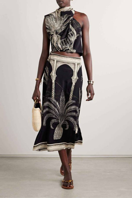 Tropical Palm Leaf Print Top and Skirt Two-Piece Set