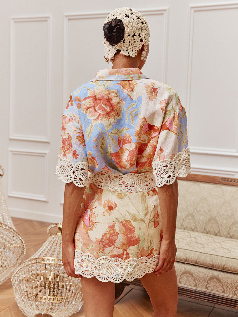 Watercolor Floral Lace Trim Linen Shirt & Mini Skirt Two Piece Matching Skirt Set