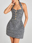 Black White Check Tweed Halter Mini Dress with Gold Buttons & Pockets