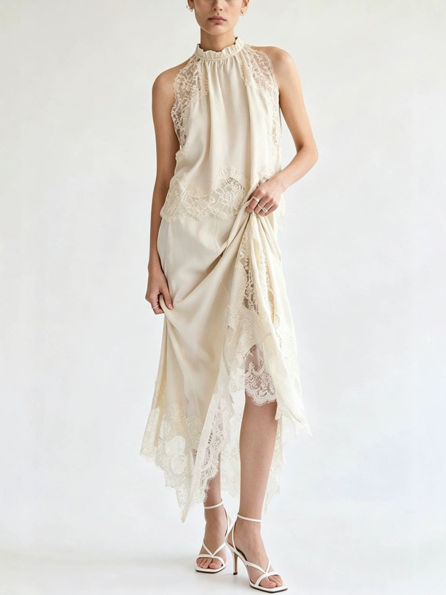 Lace Two Piece Midi Dress Halter Sleeveless Matching Set