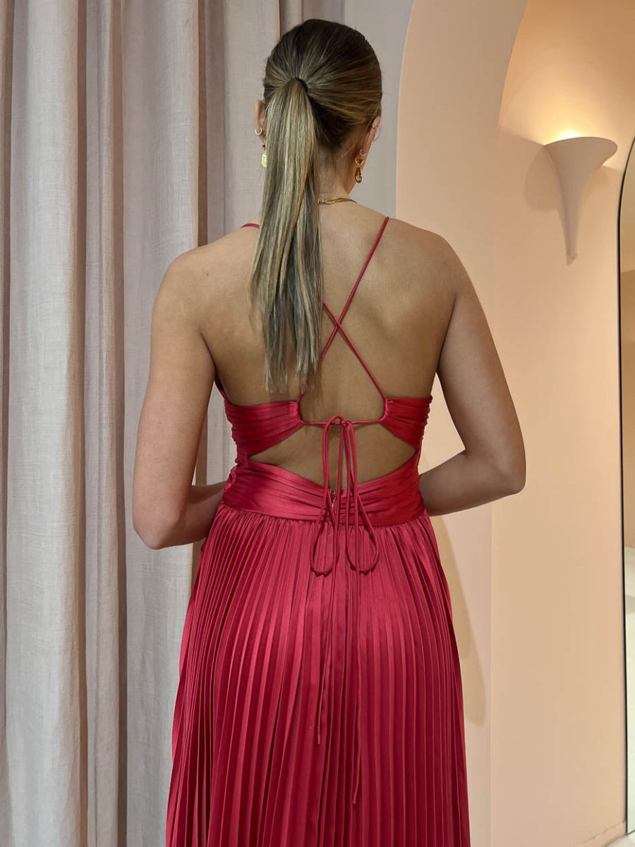 Satin Spaghetti Strap Deep V Twist Waist Pleated Maxi Dress