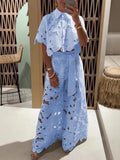 Hollow Embroidery Lace Matching Set Cape Sleeve Shirt Belted Palazzo Pants