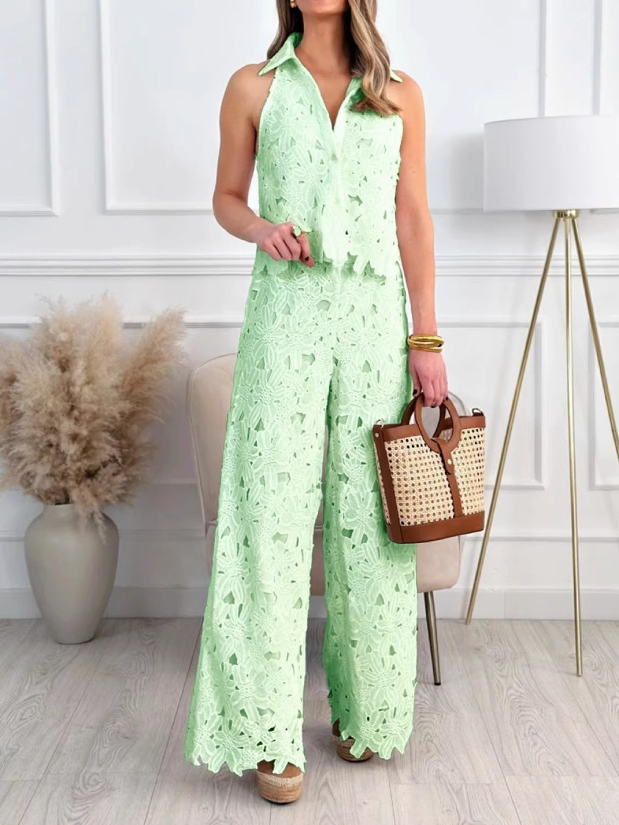 Hollow Eyelet Lace Halter Collar Crop Top Wide Leg Pants Outfit