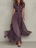 Women Elegant Lace Trim Sheer Chiffon Maxi Evening Dress