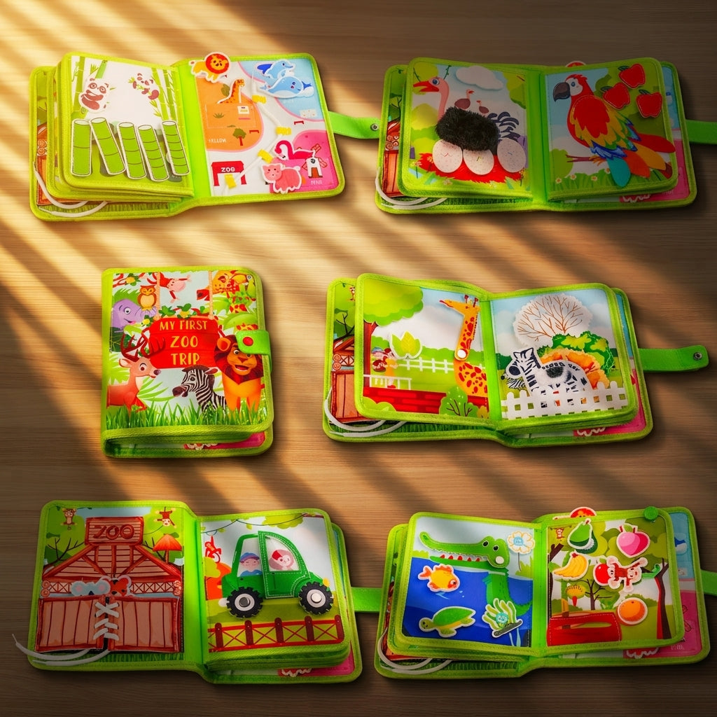 Zoo Adventure Quiet Book — Climbing Monkey, Squeaky Parrot & Zoo Map Tracing