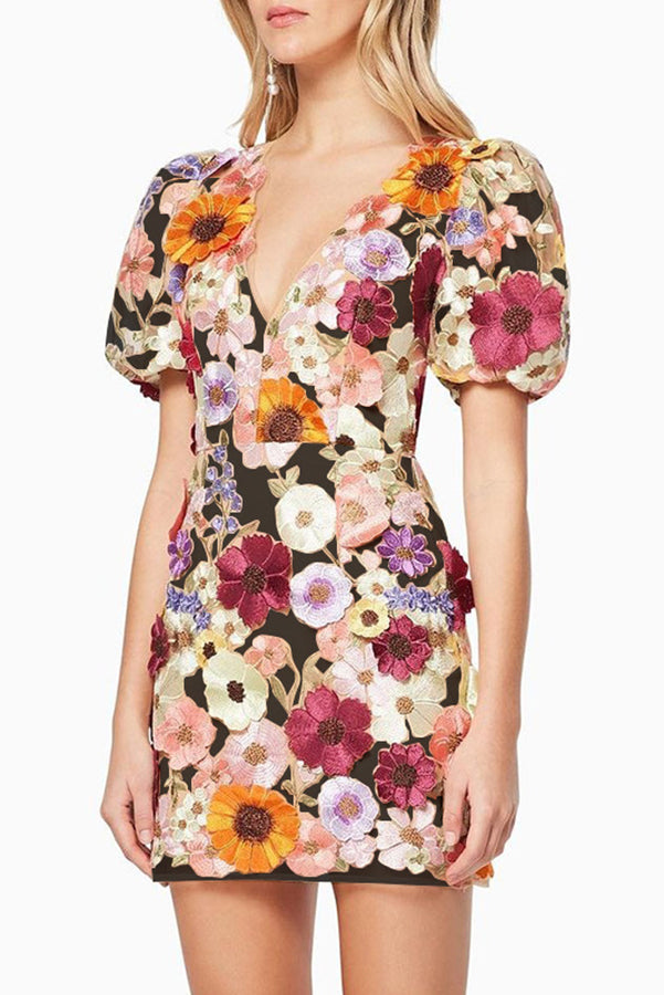 Garden Gala Embroidered Floral Applique Puff Sleeve Mini Dress Hauptbild