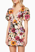 Blue Embroidered Floral Puff-Sleeve Mini Dress