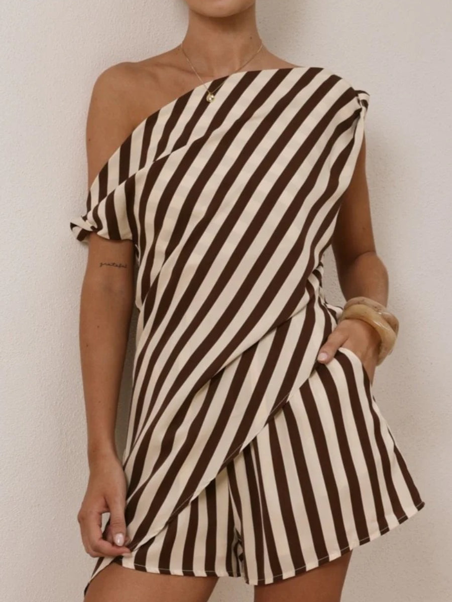 Brown White Vertical Stripe One Shoulder Wrap Two Piece Short Co-ord Set