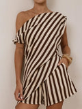 Brown White Vertical Stripe One Shoulder Wrap Two Piece Short Co-ord Set