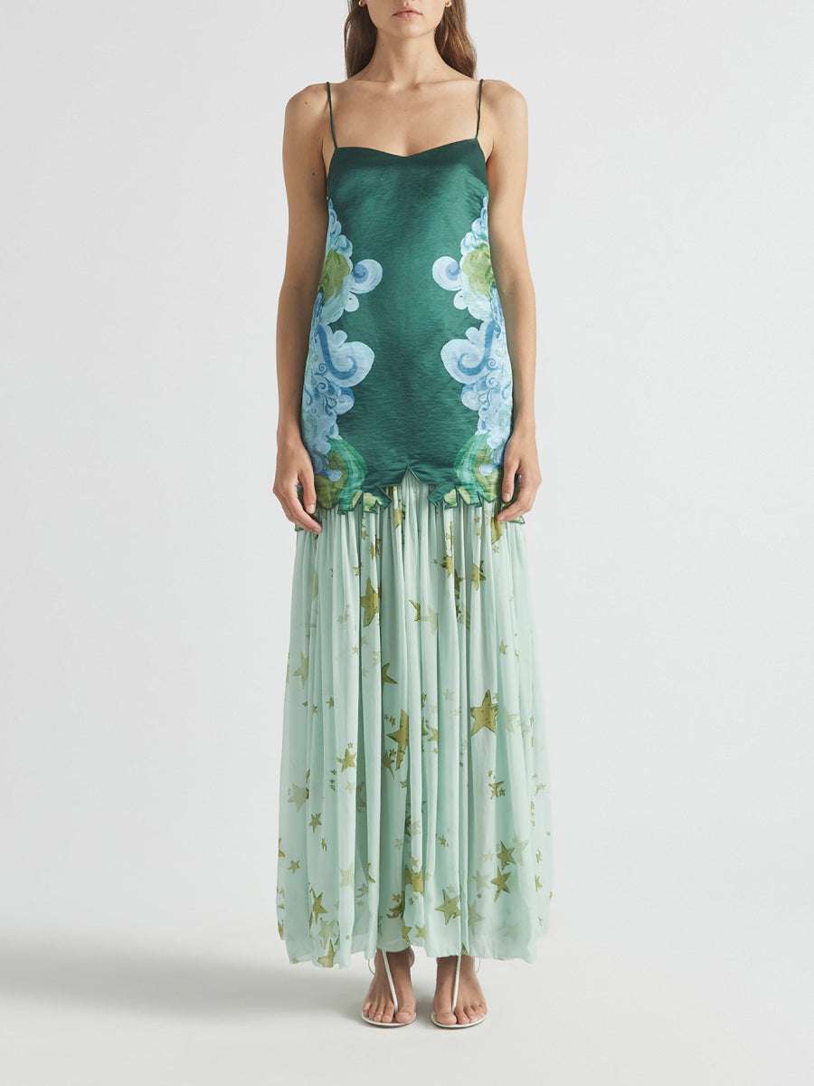 Elegant Green Cloud Print Satin Cami Layered Star Pattern Sheer Long Dress