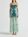Elegant Green Cloud Print Satin Cami Layered Star Pattern Sheer Long Dress