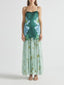 Elegant Green Cloud Print Satin Cami Layered Star Pattern Sheer Long Dress