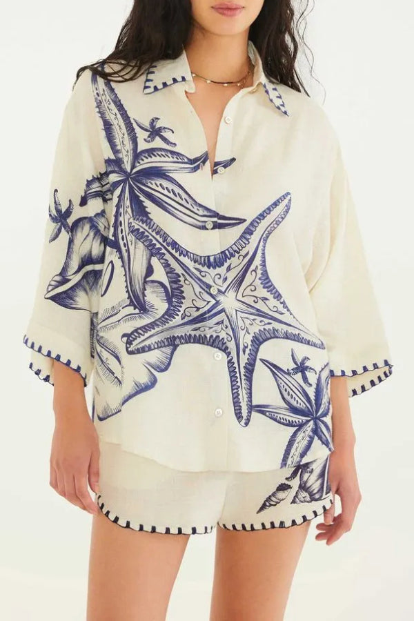 Women's Cream Blue Starfish & Seashell Print Linen 2-Piece Short Set - Button Up Shirt & High Waisted Shorts for Summer Beach Vacation