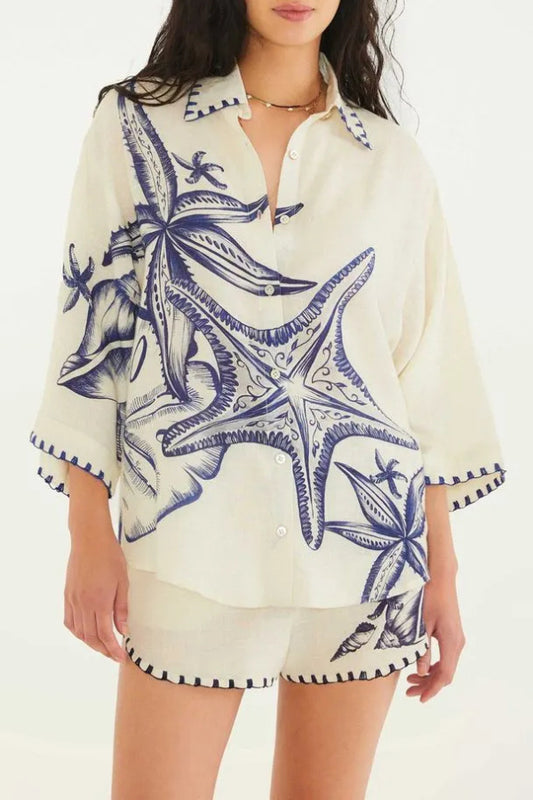 Women's Cream Blue Starfish & Seashell Print Linen 2-Piece Short Set - Button Up Shirt & High Waisted Shorts for Summer Beach Vacation